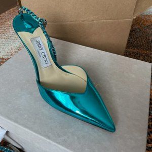 Jimmy Choo Saeda 100, Blue Malibu Liquid Metallic Pumps